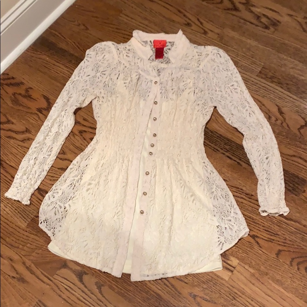 Lace Top with Camisole - cream, high neck